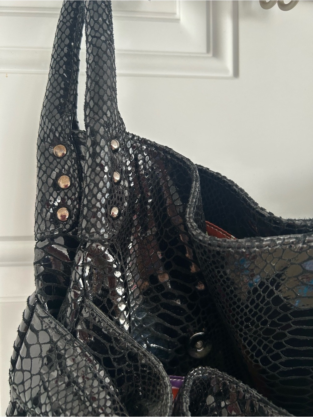 Vintage Y2K Perlina Studio Black Snakeskin Embossed Leather Rope Handle Hobo Bag - Picture 3 of 16